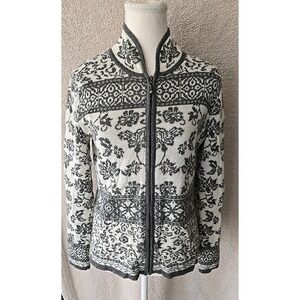 Gray/white Floral Alpaca Imports Long‎ Sleeve Zip-up Cardigan Sweater Women's S